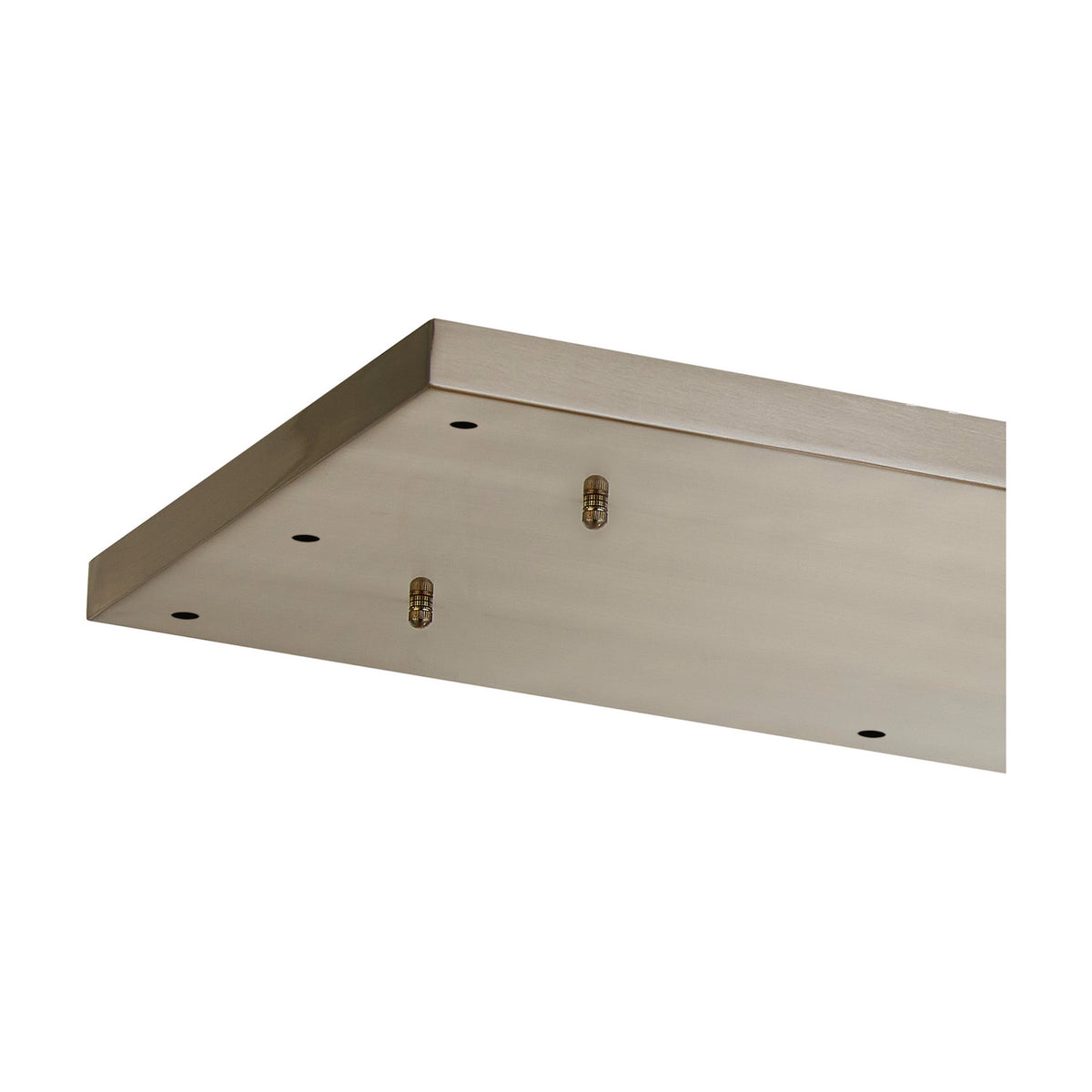 Hayes Linear Ceiling Plate in satin nickel, a long rectangular fixture with twelve drilled holes and two brass connector pins, shown at an angle on a white background.
