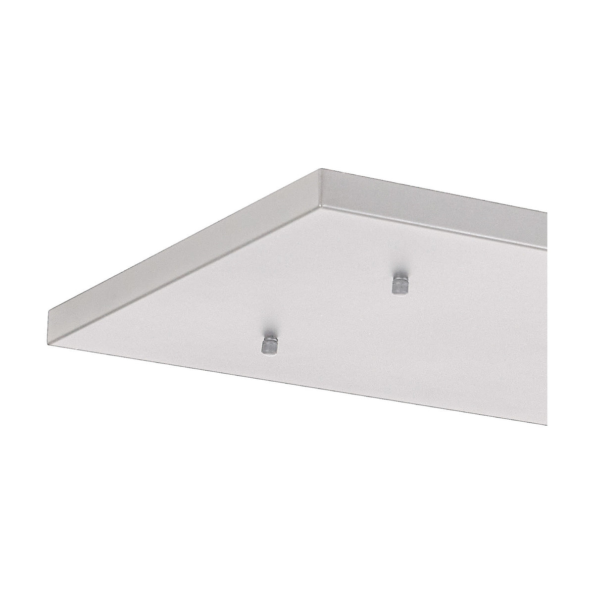 Hayes No-Hole Linear Ceiling Plate in white, a long rectangular fixture base with two connector pins, shown at an angle against a plain white background.