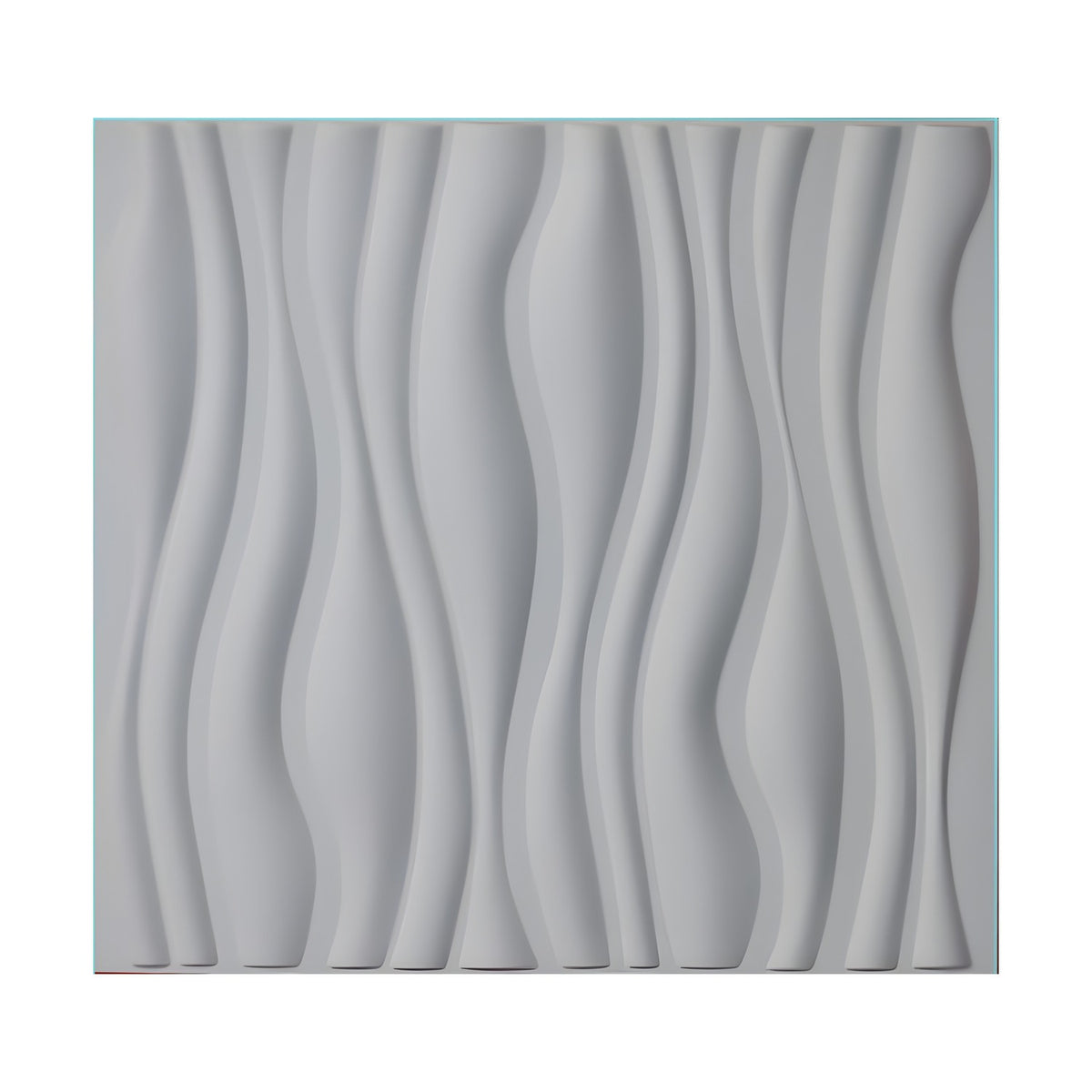 White square 3D PVC wall panel, 50 x 50cm, with vertical undulating ribs in varying widths creating raised relief and soft shadow lines, shown on a plain background.