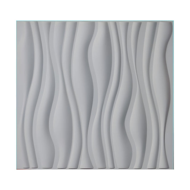 White square 3D PVC wall panel, 50 x 50cm, with vertical undulating ribs in varying widths creating raised relief and soft shadow lines, shown on a plain background.