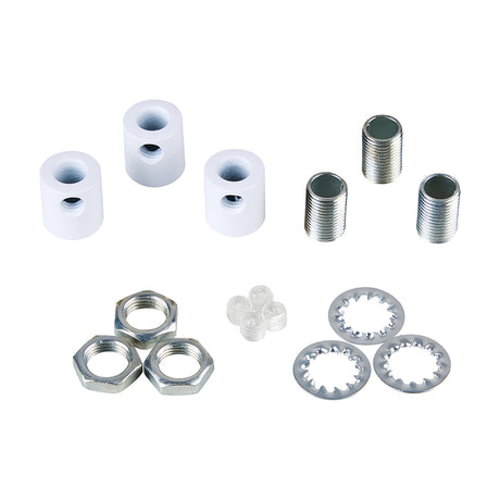 Hayes Cable Grip 17mm in matt white, kit of three iron and plastic grips with threaded stems, nuts, serrated washers and grub screws, shown on a plain white background.