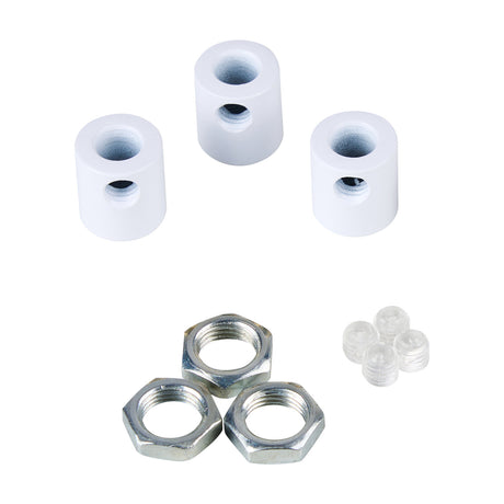 Hayes Cable Grip 17mm in matt white, set of three cylindrical cord grips with side grub screws, shown with matching hex nuts and clear plastic grub screws on a white background.