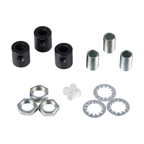 Hayes Cable Grip 17mm in matt black, shown as a three-piece kit of threaded bodies, hexagonal nuts, serrated washers and clear grub screws on a white background.