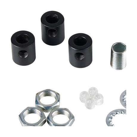 Hayes Cable Grip 17mm in matt black: three cylindrical bodies with grub screws, a threaded metal insert, hex nuts, plastic grub screws and a serrated washer, shown on a white background.
