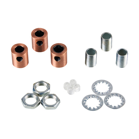 Hayes Cable Grip 17mm in antique copper, showing three threaded grips, three chrome nipples, three hex nuts, three serrated washers and plastic grub screws on a white background.