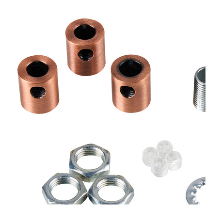 Hayes Cable Grip 17mm in antique copper, set of three cylindrical grips with side grub screws, shown with matching hex nuts and clear plastic grub screws on a white background.