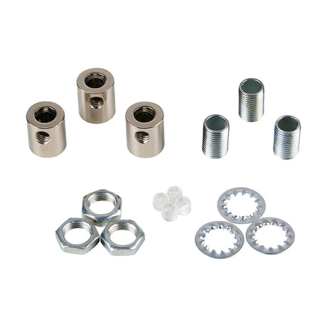 Hayes Cable Grip 17mm in polished chrome, shown as a three-piece kit with threaded collars, hex nuts, toothed washers, and plastic grub screws on a plain white background.