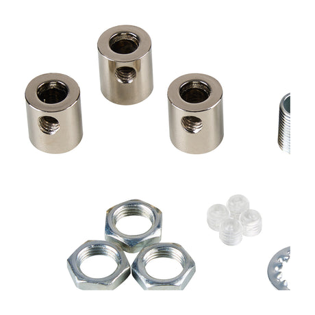 Hayes Cable Grip 17mm in polished chrome, shown as a three-piece kit with cylindrical collars, a threaded bolt, hex nuts and clear plastic grub screws on a plain white background.