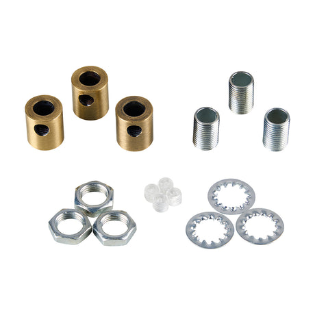 Hayes Cable Grip 17mm cord grip set in antique brass, showing three threaded barrels, hex nuts, toothed washers and clear grub screws on a white background.