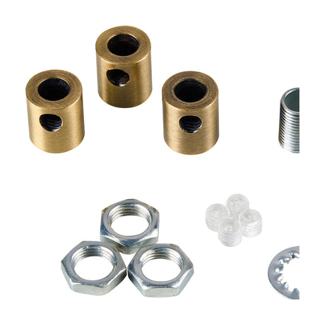 Hayes Cable Grip 17mm in antique brass: three cylindrical cord grips with grub screws, a threaded nipple, hex nuts and a washer, on a white background.