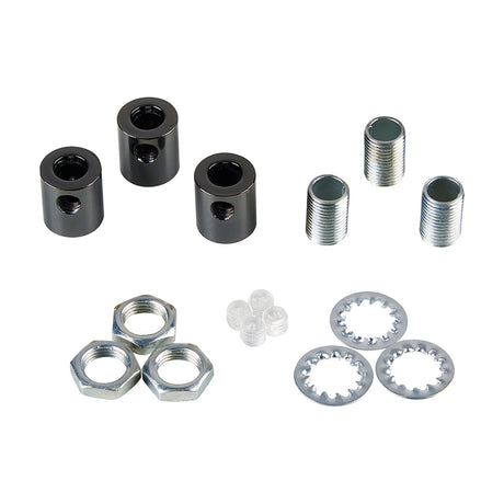 Hayes Cable Grip 17mm in black chrome, set of three threaded cylindrical collars with matching threaded inserts, nuts, serrated washers, and plastic grub screws on a white background.