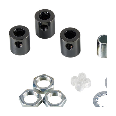 Hayes Cable Grip 17mm in black chrome, three cylindrical cord grips with grub screws, plus a threaded nipple, hex nuts, plastic grub screws, and a serrated washer, on a white background.