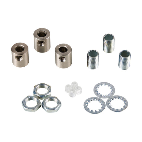 Hayes Cable Grip 17mm kit in satin nickel, showing three grip bodies, threaded inserts, hex nuts, serrated washers, and clear grub screws on a plain white background.