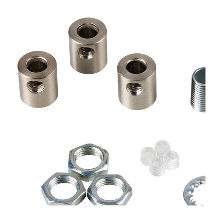 Hayes Cable Grip 17mm in satin nickel showing three cylindrical grip bodies with side grub screws, a threaded rod, hex nuts, plastic grub screws, and a lock washer on a white background.