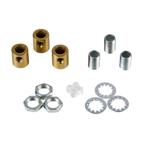 Hayes Cable Grip 17mm in gilt bronze, showing three cylindrical brass grips, three threaded steel inserts, three hex nuts, three serrated washers and plastic grub screws on a white background.