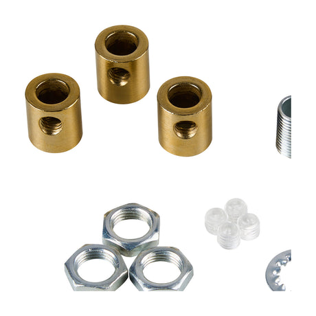 Hayes Cable Grip 17mm in gilt bronze, three cylindrical flex grips with set screws, shown with matching nuts and clear plastic grub screws on a white background.