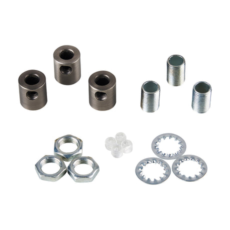 Hayes Cable Grip 17mm lighting accessory kit in antique silver, showing three metal grip bodies, threaded rods, hex nuts, serrated washers, and plastic grub screws on a white background.