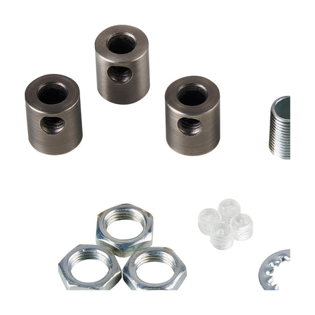 Hayes Cable Grip 17mm in antique silver finish, three cylindrical iron grip bodies with cross-drilled holes shown alongside hex nuts, plastic grub screws, and a threaded rod on a white background.