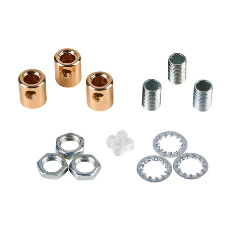 Hayes 17mm cable grip kit in French gold, showing three metal grips, matching threaded sections, nuts, toothed washers and plastic grub screws on a white background.