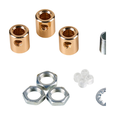 Hayes Cable Grip 17mm in French gold showing three cylindrical cable grips, a threaded section, hex nuts, washer, and clear grub screws on a white background.
