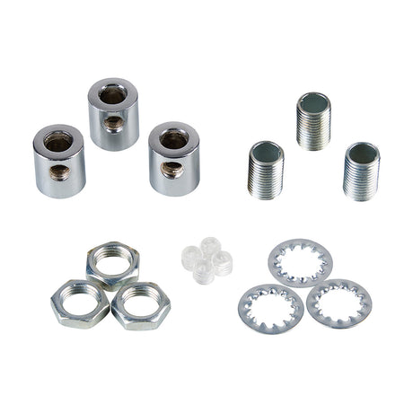Hayes Cable Grip 17mm kit in polished nickel, showing three cylindrical grip bodies with grub screws, three threaded 10mm rods, three hex nuts and three serrated washers on a white background.