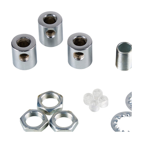 Hayes Cable Grip 17mm in polished nickel, showing three cylindrical grips, a threaded connector, hex nuts, plastic grub screws and serrated washers on a white background.