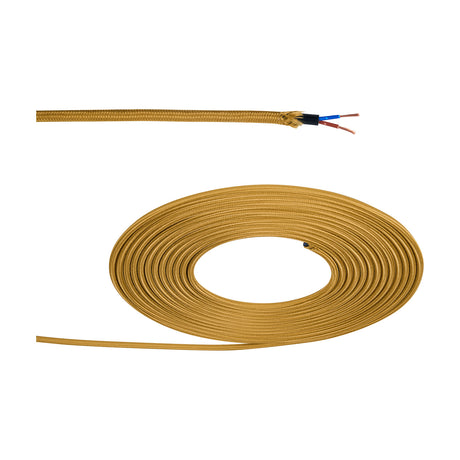 Cavo Cable 6mm dia braided flex in golden brown, showing stripped end with exposed blue and brown wires and a coiled length on a white background.