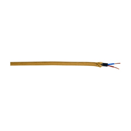 Cavo Cable, a golden brown braided fabric flex with exposed end showing black inner sleeve and two copper conductors, shown on a plain white background.