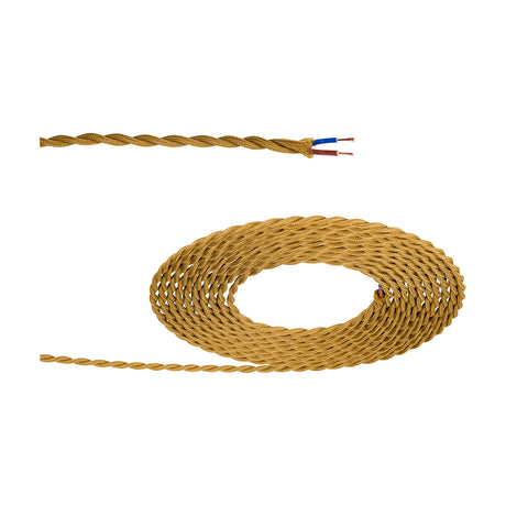 Cavo Twisted Cable in golden brown, coiled fabric-braided flex with exposed copper conductors and blue/brown wire ends, shown on a plain white background.
