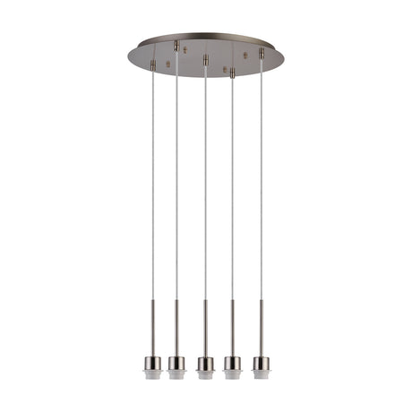Carrie 5 Light E27 Round Pendant Light 45cm in satin nickel, showing a round ceiling plate with five suspension cables ending in bare lampholders, on a plain white background.