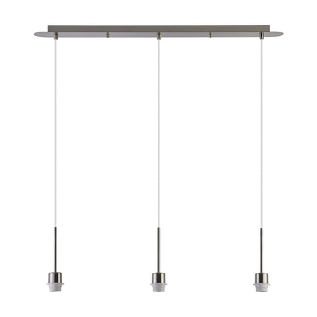 Carrie 3 Light E27 Linear Pendant Light in satin nickel, showing a slim ceiling bar with three suspended cords and lampholders, 85cm drop, on a plain white background.