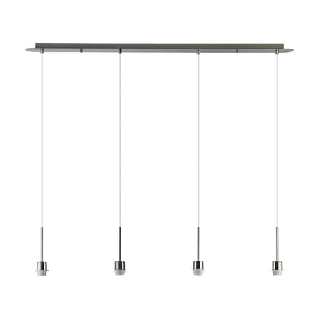 Carrie 4 Light E27 Linear Pendant Light with a slim satin nickel bar, 1.2m drop, four evenly spaced lampholders on clear cords, shown on a plain white background.