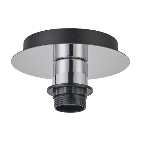 Carrie E27 Flush Ceiling Light 15cm in polished chrome, showing a round ceiling plate with a black finish top and central E27 lampholder fitting, shown on a plain white background.