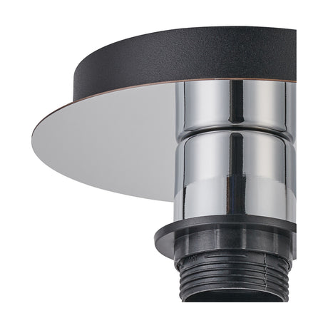 Close-up of the Carrie E27 flush ceiling light, showing the round black 15cm ceiling plate above a polished chrome cylindrical body with threaded E27 lampholder, on a white background.