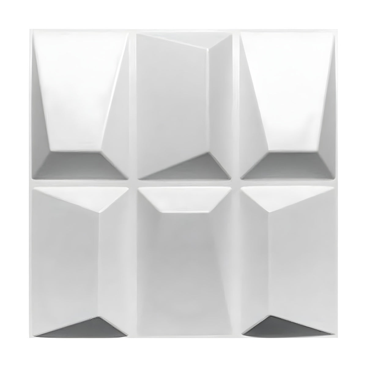White PVC 3D wall panel, 50 x 50cm, with six faceted rectangular blocks showing angled triangular and trapezoidal relief, shown on a plain white background.