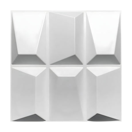 White PVC 3D wall panel, 50 x 50cm, with six faceted rectangular blocks showing angled triangular and trapezoidal relief, shown on a plain white background.