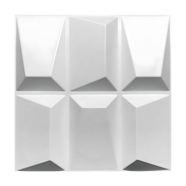 White PVC 3D wall panel, 50 x 50cm, with six faceted rectangular blocks showing angled triangular and trapezoidal relief, shown on a plain white background.