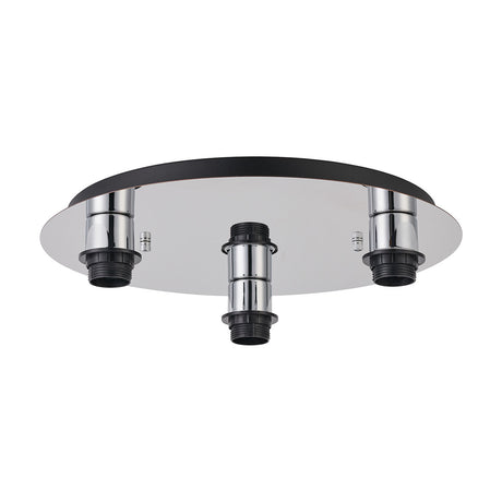 Carrie 3 Light E27 Flush Ceiling Light 40cm in polished chrome, round black-edged plate with three exposed E27 lampholders, shown on a plain white background.