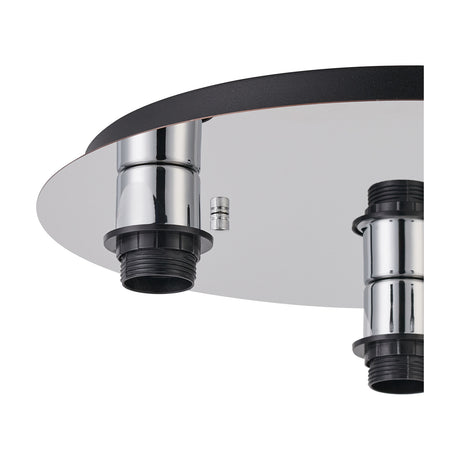 Close-up of the Carrie 3 Light E27 Flush Ceiling Light in polished chrome, showing two lampholders with black threaded collars and a chrome grub screw on a black-edged 40cm ceiling plate.