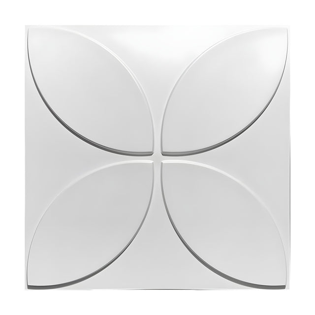 White PVC 3D wall panel, 50 x 50cm, with a four-petal flower design radiating from the centre to each corner, shown against a plain white background.