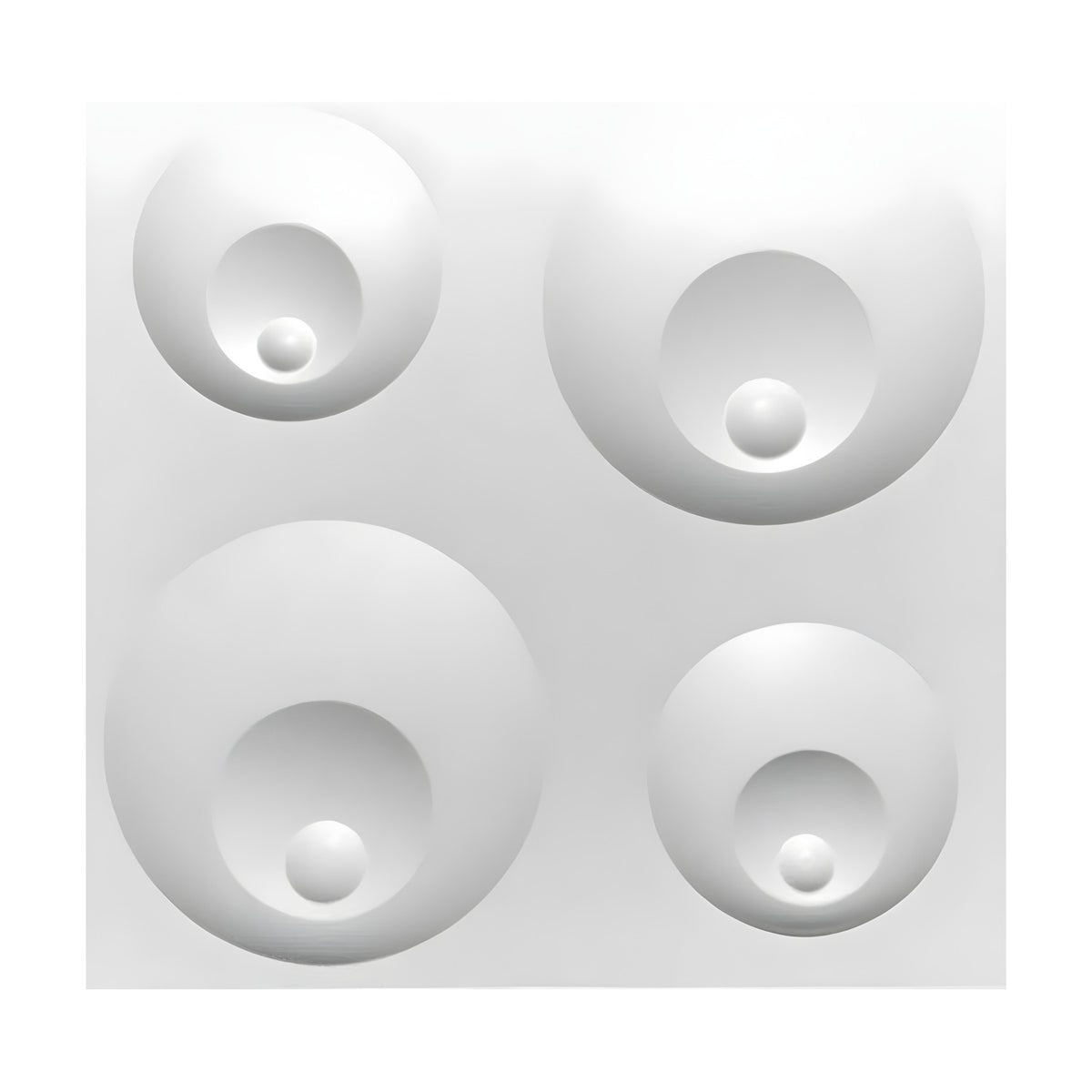 White PVC 3D wall panel, 50 x 50cm, with four round domes in two sizes arranged diagonally, each with a hollow centre and small bead inset, on a plain white background.