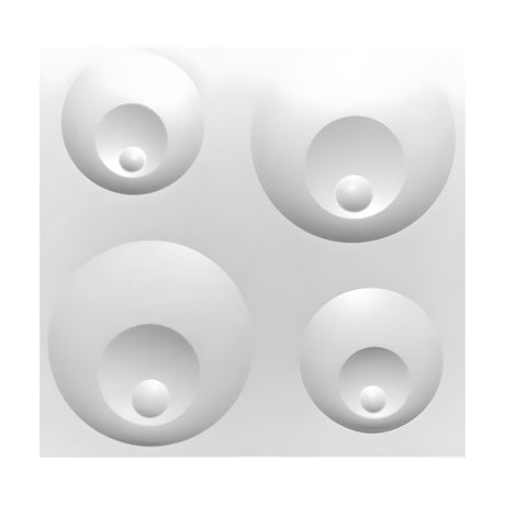White PVC 3D wall panel, 50 x 50cm, with four round domes in two sizes arranged diagonally, each with a hollow centre and small bead inset, on a plain white background.