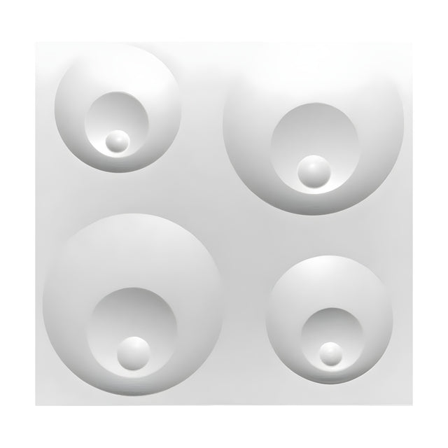 White PVC 3D wall panel, 50 x 50cm, with four round domes in two sizes arranged diagonally, each with a hollow centre and small bead inset, on a plain white background.
