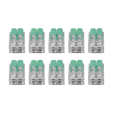 Set of 10 clear polycarbonate 2-way lever connectors with green flip levers, 14mm long, shown on a plain white background.