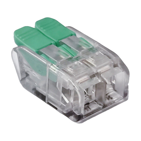 Additions 2 Way Lever Connector, 14mm, clear polycarbonate housing with two green lift levers, shown on a plain white background.