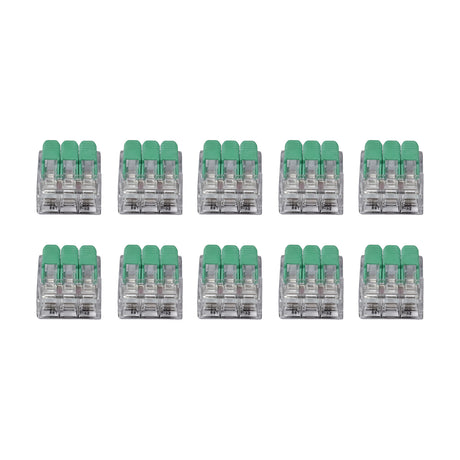 Ten clear 3-way lever connectors with green lever tabs, 20mm long polycarbonate housings, arranged in two rows on a plain white background.