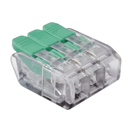 Additions 3 Way Lever Connector, clear polycarbonate wire connector with three green push-levers and open terminal ports, shown on a plain white background.