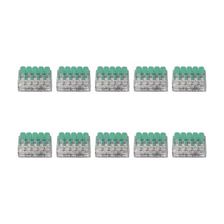Ten 5-way clear lever connectors with green push-lever tops, compact polycarbonate housings, arranged in two rows of five on a plain white background.