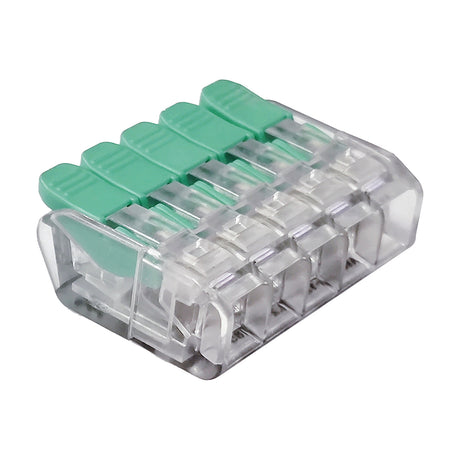 5-way push-in lever connector, 32mm long, with clear polycarbonate housing and green release levers, shown on a white background.