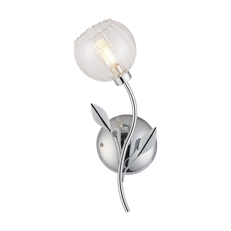 Elm G9 Left Glass Wall Light in polished chrome, single clear ribbed glass globe on a curved leaf-detailed arm, G9 bulb visible, plain white background.